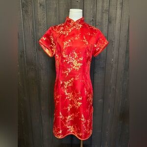 Asian Inspired Geisha Kimono Oriental 100% Silk Dress Red Gold Floral Sz M